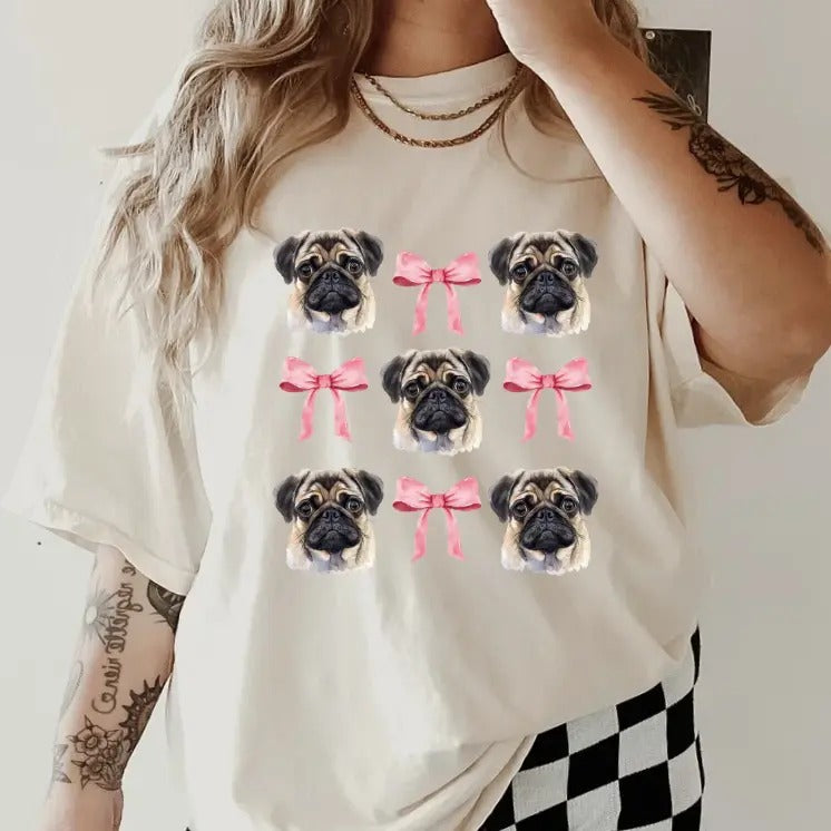 Pug with bows Shirt ~ Unisex Apparel Relaxed Fit Printed In The USA Clothing Womenswear Casual Comfort Cotton Top...