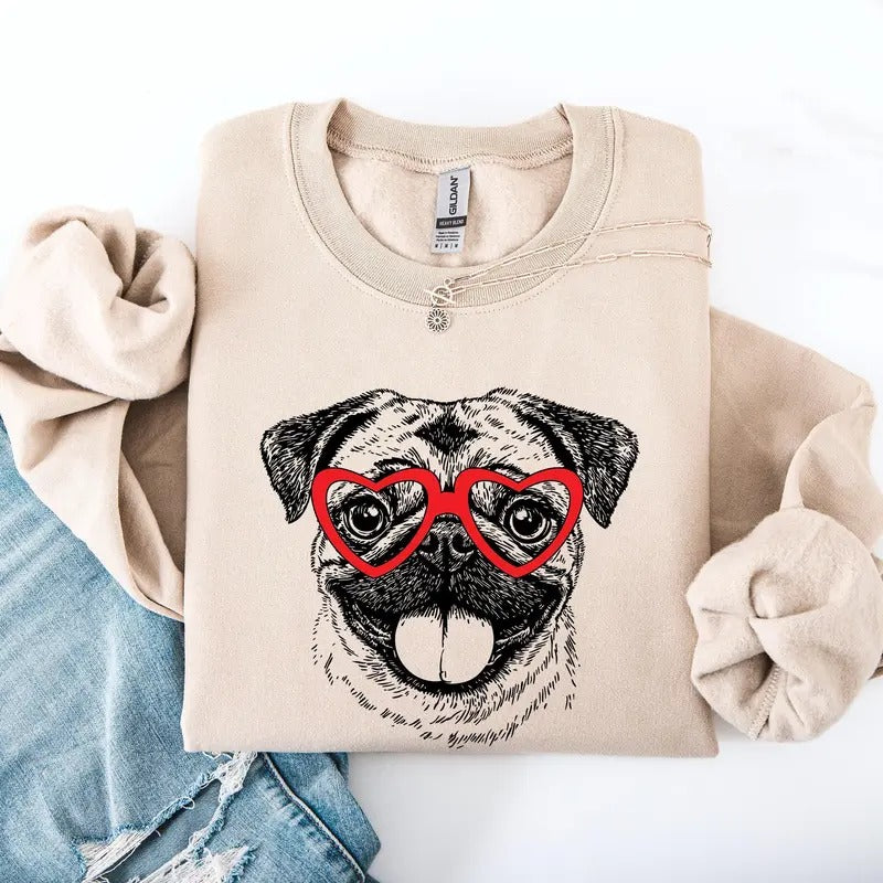 Pug Pet Dog Breed Valentine'S Crew Neck Love Heart Cupid Shirt Hoodie Sweatshirt