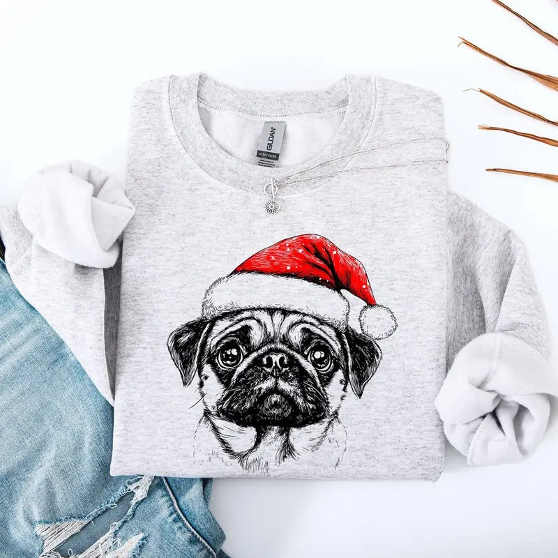 Pug, Santa, Dog, Christmas, Dog Lover, Pet Sweatshirt, Crew Neck, Women's, Crewneck Shirt Hoodie | PrintMintTees.com