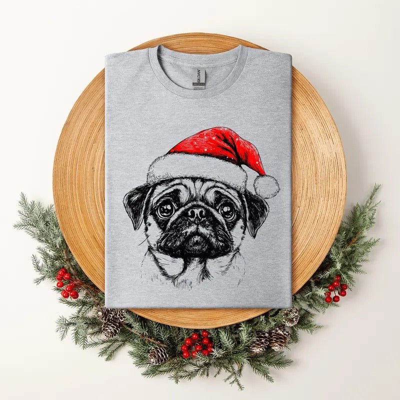 Pug, Santa, Dog, Christmas, Dog Lover, Pet T-Shirt, Soft Style Tee, Women's Graphic Tshirt Hoodie, Sweatshirt