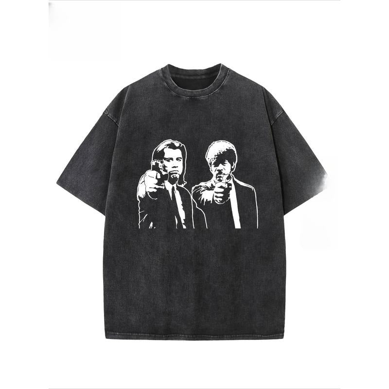 "Pulp Fiction" Creative Pattern Printing Heavy 230g Pure Cotton Oversized Drop Shoulder T-shirt Washed T-shirt Retro Street T-shirt Basic T-shirt Loose Hip-hop Unisex Top Acid Wash T-shirt