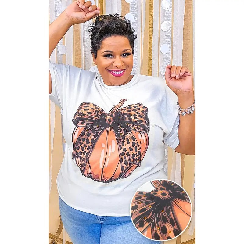 Pumpkin Cheetah Bow Rhinestone Graphic Shirt Hoodie Sweatshirt | PrintMintTees.com