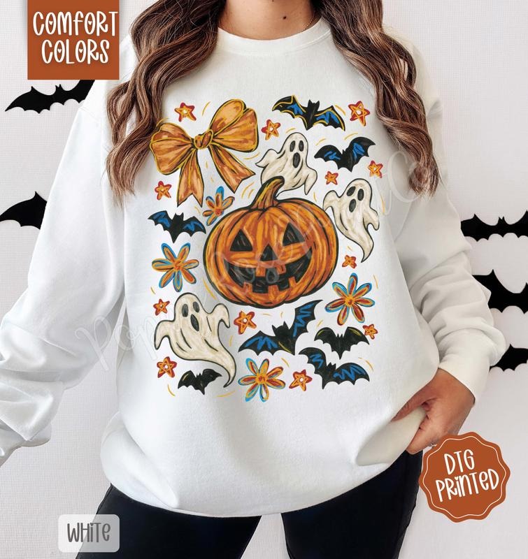 Pumpkin Floral Collage Comfort Colors Sweatshirt, Trendy Halloween Crewneck T-Shirts, Hoodie | PrintMintTees.com