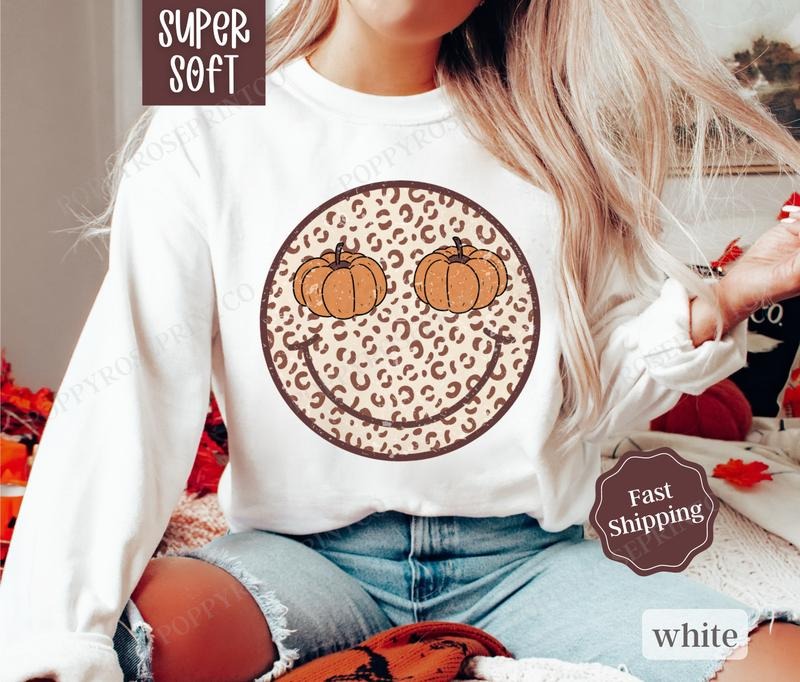 Pumpkin Happy Face Sweatshirt, Retro Fall Crewneck, Womens Sweatshirt, Fall Sweater T-Shirts, Hoodie | PrintMintTees.com