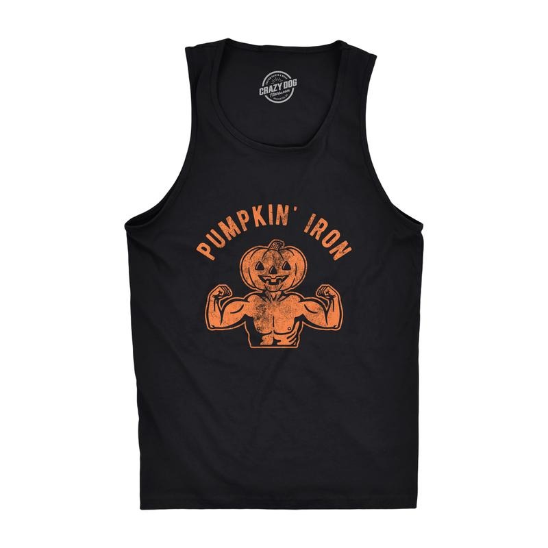 Pumpkin Iron Mens Fitness Tank Funny Halloween Workout Fitness Jack-O-Lantern Graphic Tanktop Funny Workout Shirt for Men...
