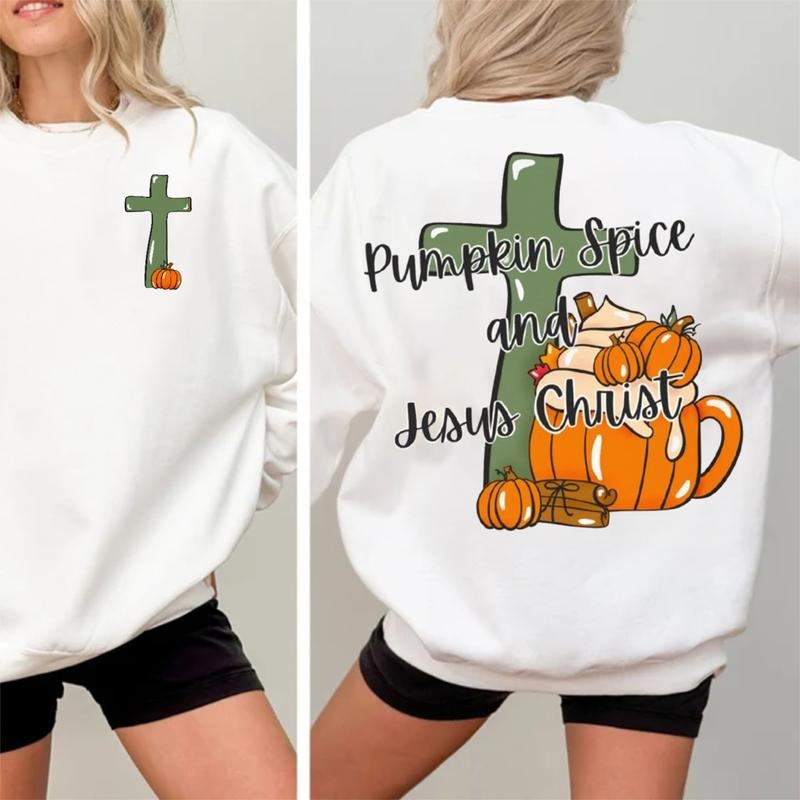 Pumpkin Spice and Jesus Christ, Christian for Fall 2 Sideđ Graphic Sweatshirt Casual Fleece Pullover Sweatshirt Tops...
