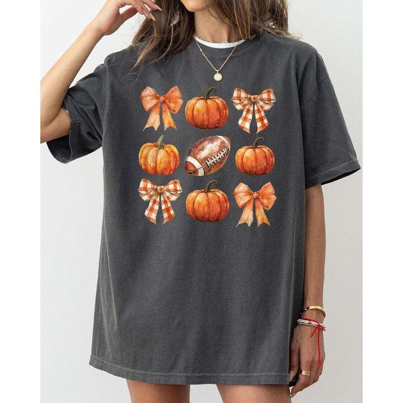Pumpkin, Football, Bows, Ribbons, Fall, Autumn, Thanksgiving, Halloween, Sports, Touch Down, Coquette Shirt, Women's...