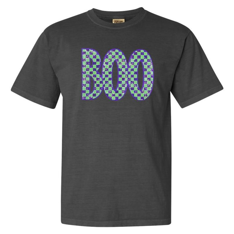 Purple & Green BOO Sequin Patch Comfort Colors T-Shirt Hoodie, Sweatshirt | PrintMintTees.com