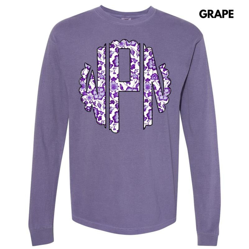 Purple Floral Monogram Long Sleeve Comfort Colors 'NLB' Shirt Hoodie Sweatshirt