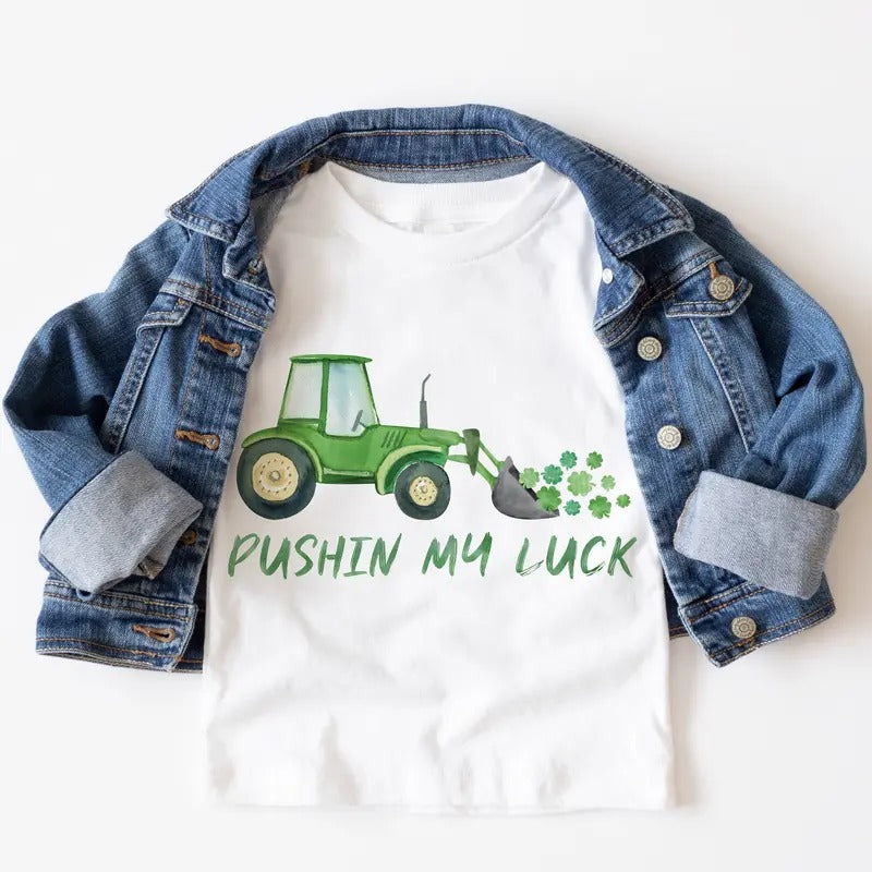 Pushin My Luck Construction St Patrick's Day Boys Watercolor St Patty's Shirt Hoodie Sweatshirt | PrintMintTees.com