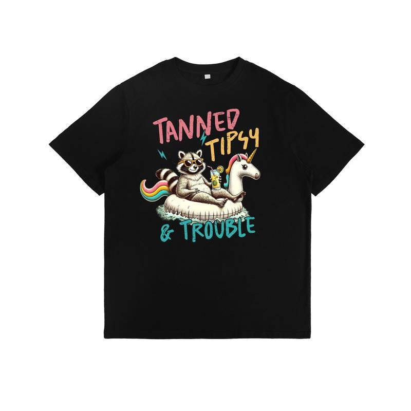 Quirky and Trendy T - Shirt: Make a Light - hearted Statement with a Playful Raccoon Graphic - "TANNED TIPSY & TROUBLE"