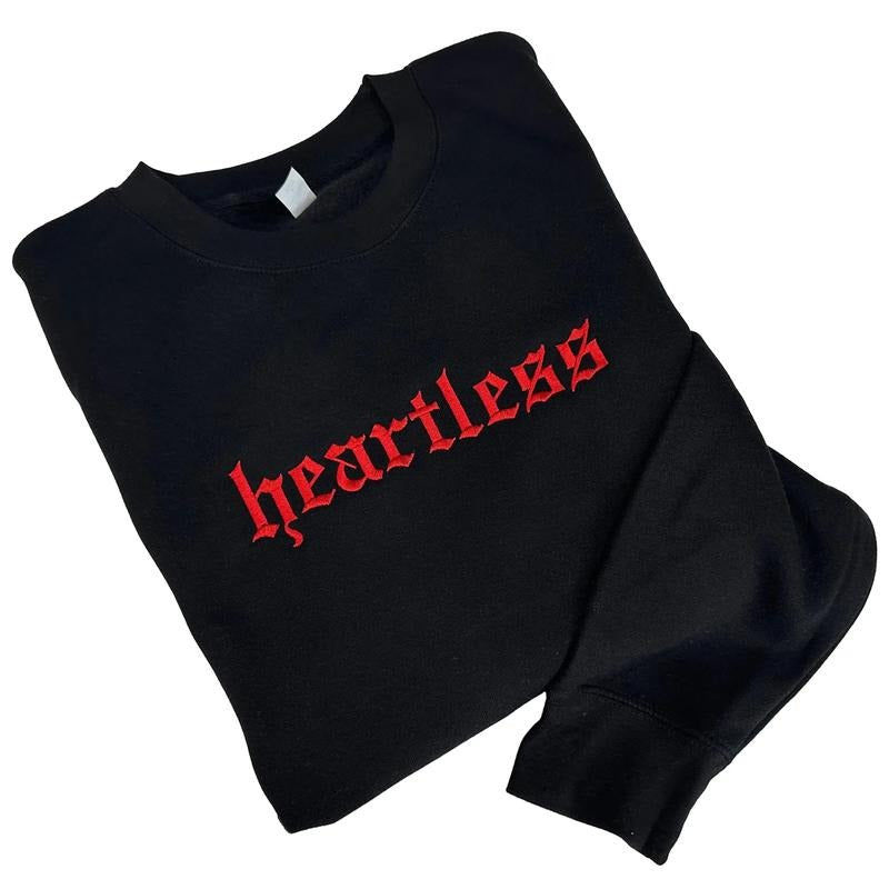 RED Heartless Embroidered Crewneck Unisex Sweatshirt Casual Clothing Shirt Hoodie | PrintMintTees.com