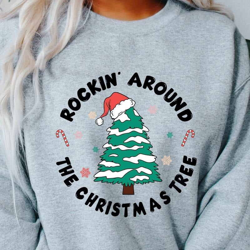 ROCKING AROUND THE TREE CIRCLE LOGO CREWNECK (Crewneck Sweatshirt, Unisex Fit, Causal Sweatshirt for Christmas, Christmas...