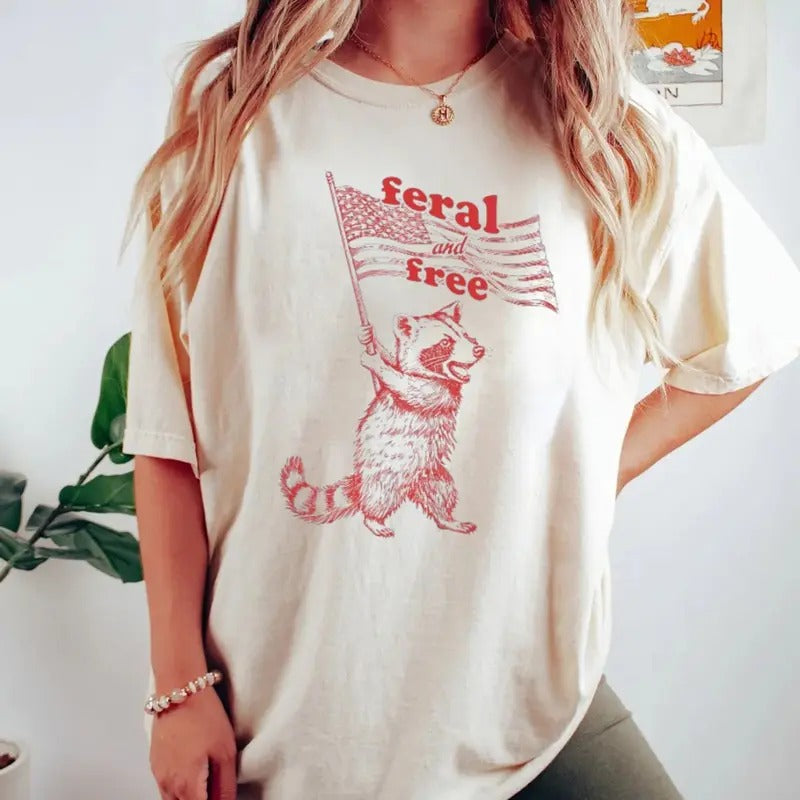 Raccoon Shirt 4th July Retro Vintage Raccoon Shirt Wild Life Funny Meme Shirts Patriotic Usa Freedom Feral Joke Shirt Summer Fan Short Sleeve Shirt Anniversary T-Shirts, Hoodie, Sweatshirt