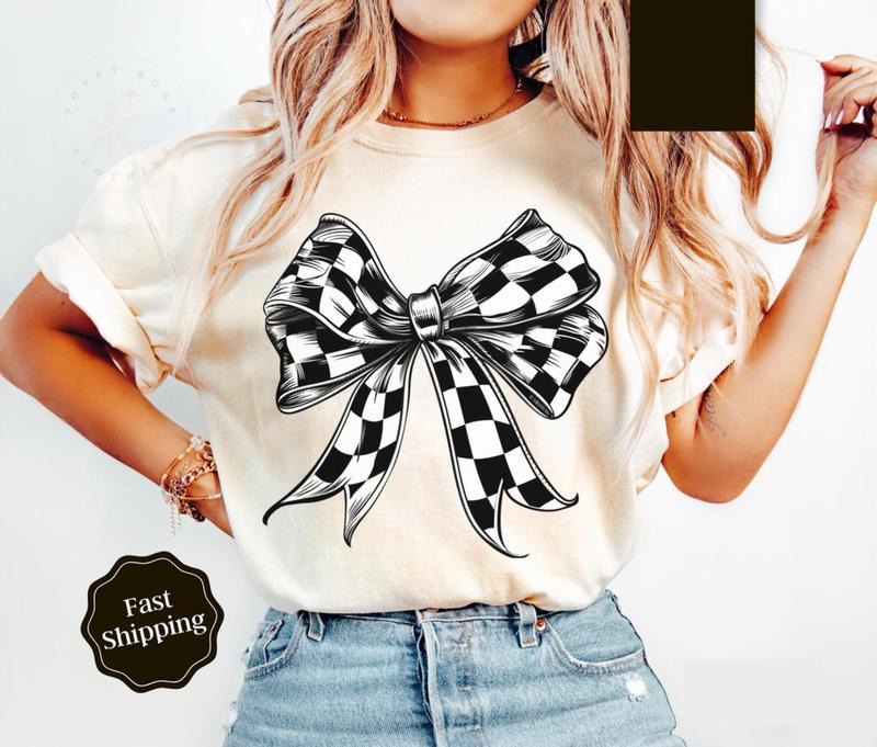 Race Checkered Bow Shirt, Car Racing Tee, Womenswear Crewneck Hoodie, Sweatshirt | PrintMintTees.com