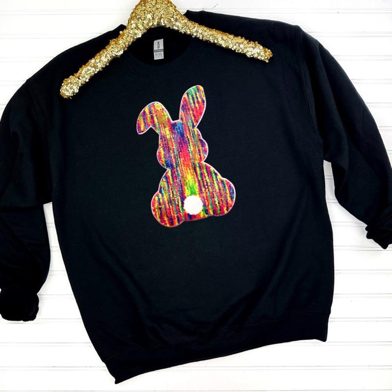 Rainbow Chenille Bunny Patch BLACK Shirt Hoodie Sweatshirt