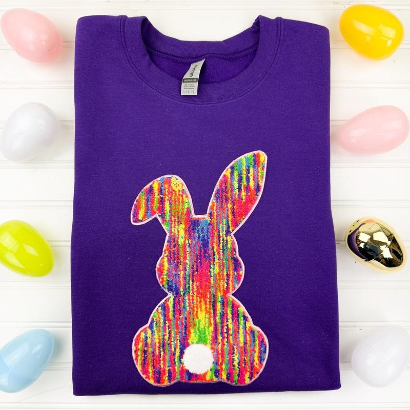 Rainbow Chenille Bunny Patch Sweatshirt -- PURPLE T-Shirts, Hoodie | PrintMintTees.com