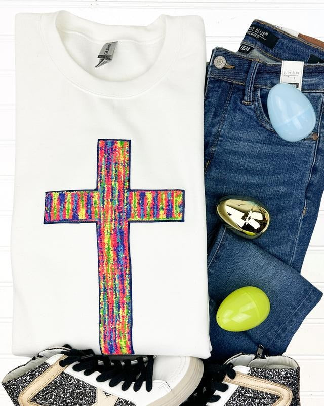 Rainbow Chenille Cross Patch WHITE Shirt Hoodie Sweatshirt