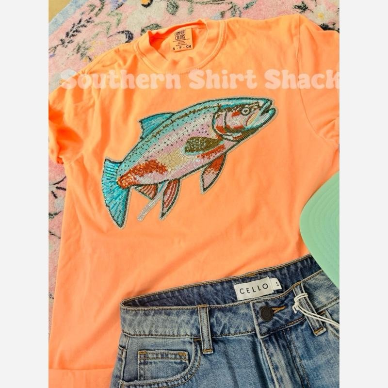 Rainbow Trout Sequin Patch T shirt  | Neon Cantelope comfort colors T shirt | Top | Fishing Shirt | Girls who Fish Hoodie...