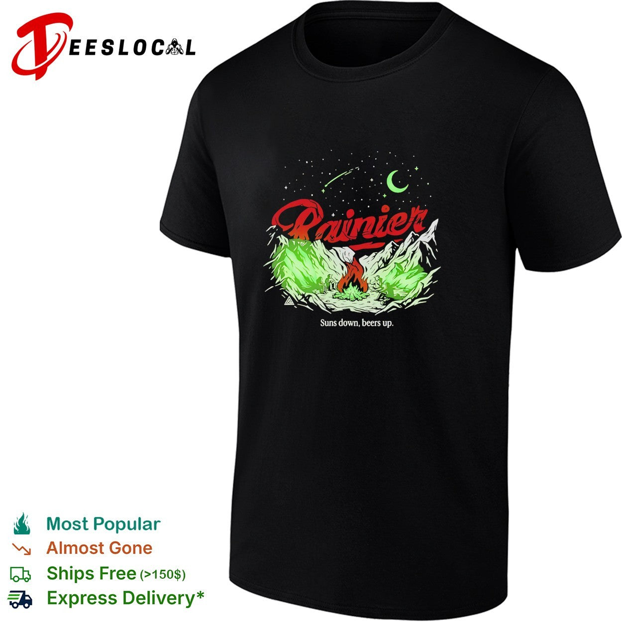 Rainier suns down beers up campfire shirt
