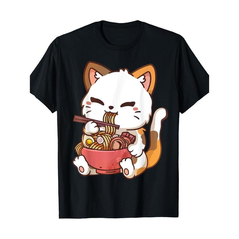 Ramen Cat Anime Kawaii Cat Eating Ramen T-Shirt 100% Cotton Made in USA Hoodie Sweatshirt | PrintMintTees.com