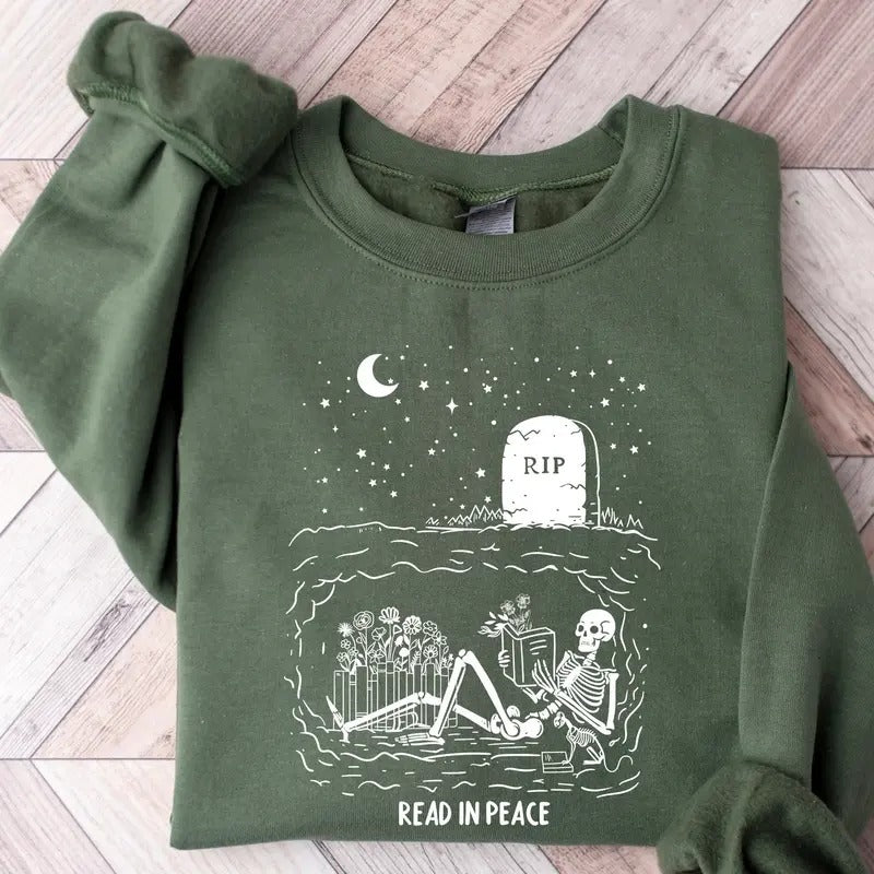 Read In Peace Halloween Sweatshirt, Funny Skeleton Reading Halloween Sweater, Halloween Librarian, Halloween Shirt,...