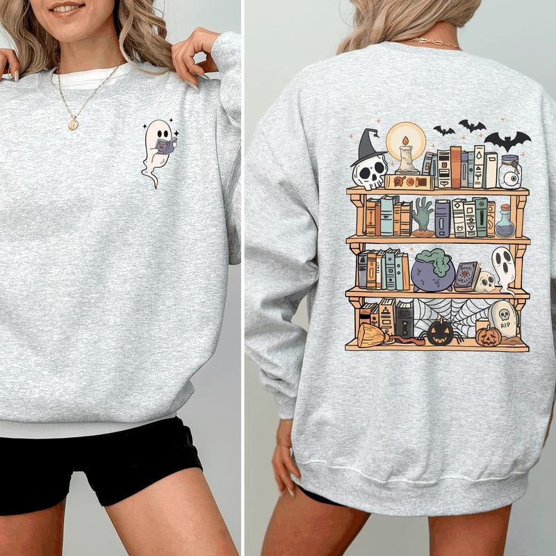 Reading Ghost Halloween Library Spooky Front Back Teacher Boo Cute Shirt Hoodie Sweatshirt