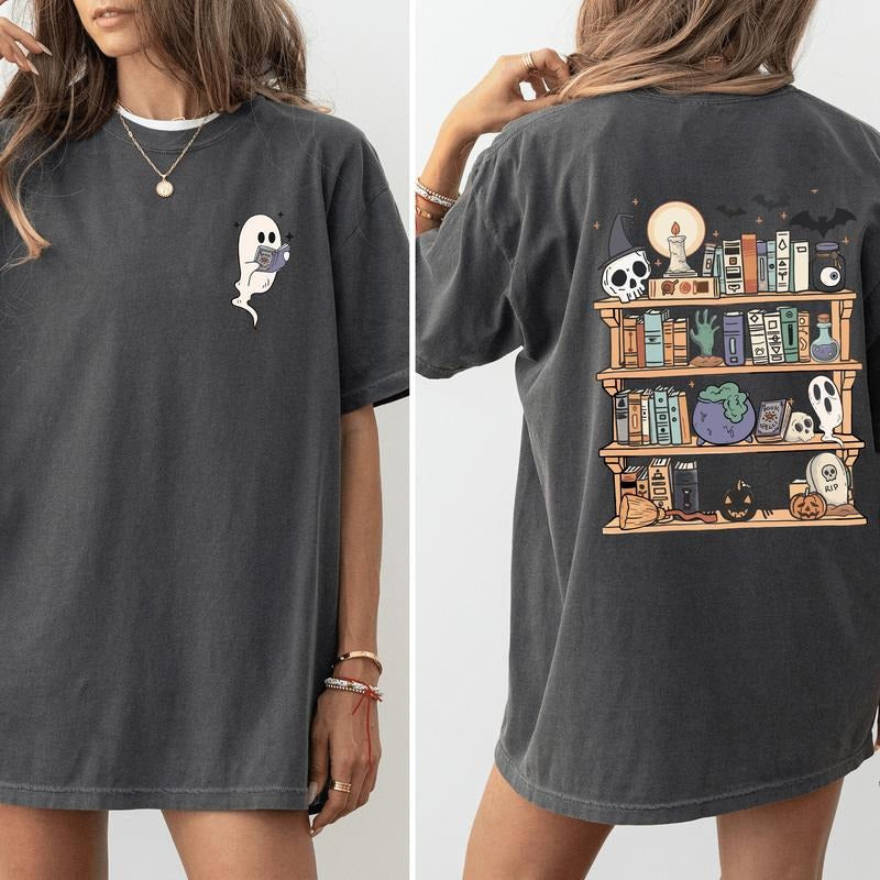 Reading Ghost, Halloween, Library, Spooky, Front and Back, Teacher, Boo, Cute, Comfort Colors T-Shirt, Women's Comfort...