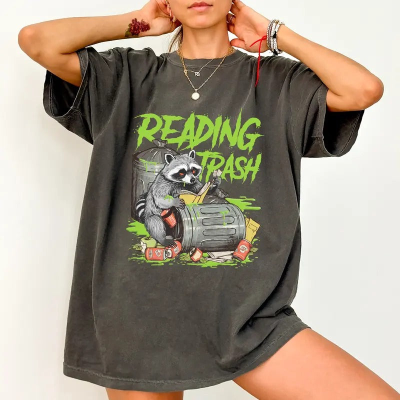 Reading Trash Comfort Colors Shirt, Trash Reader Unisex Graphic Tee, Meme Raccoon Unhinged Tees, Sarcastic Bookish...
