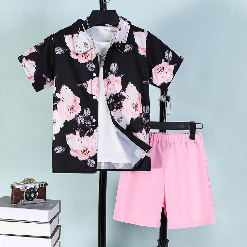 Ready Stock Summer Two-Piece Set for 7-15Y Big Boys Hawaiian Shirt and Shorts Set Loose Short-Sleeved Casual Fashion...