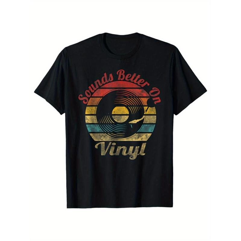 Record Player Print Men's Cotton T-shirt, Graphic Tee Men's Outdoor Clothes, Men's Back To School Clothing, Casual Short...