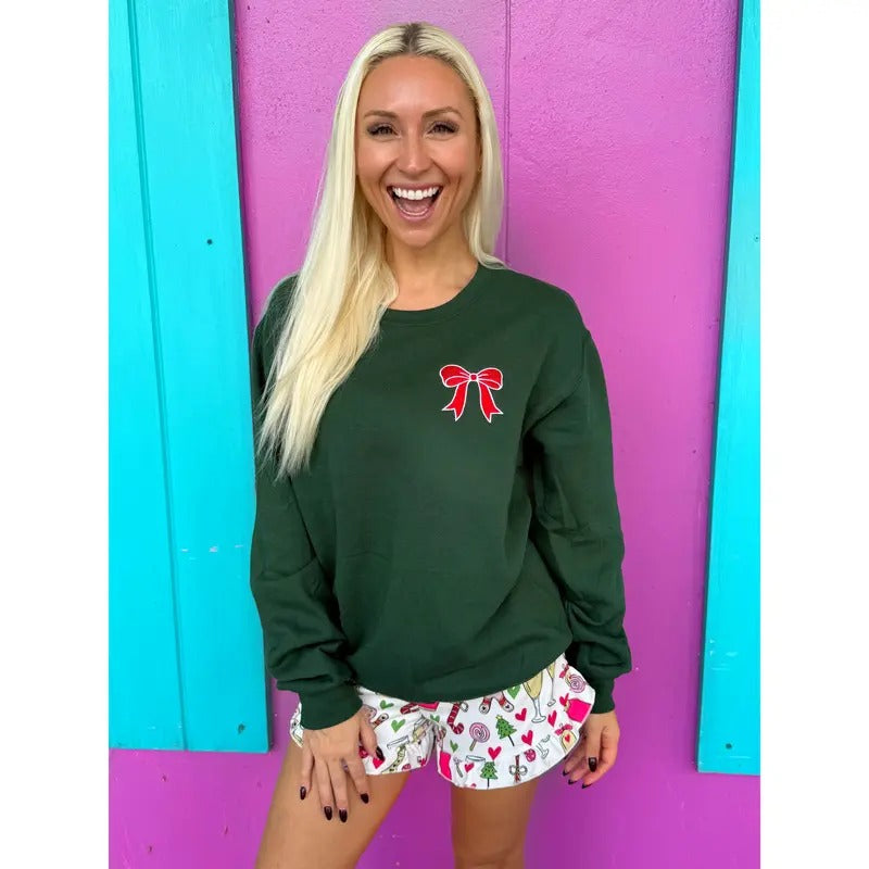 Red & Green Embroidered Bow Sweatshirt Shirt Hoodie | PrintMintTees.com