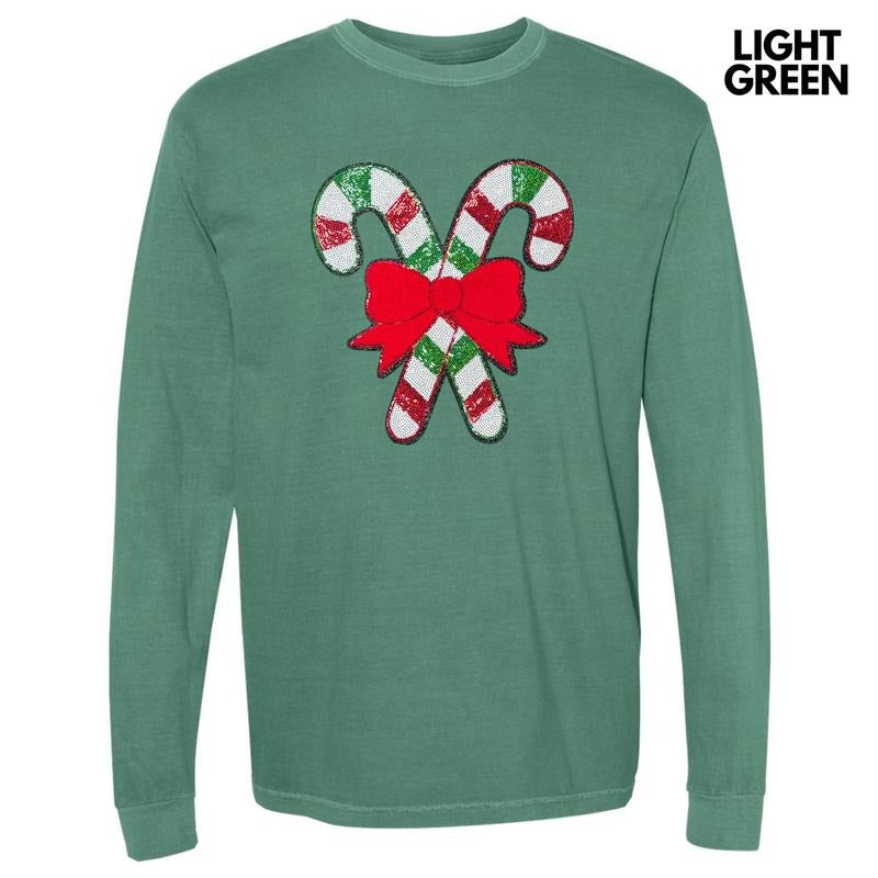 Red & Green Sequin Candy Cane Patch Long Sleeve Comfort Colors T-Shirts, Hoodie, Sweatshirt