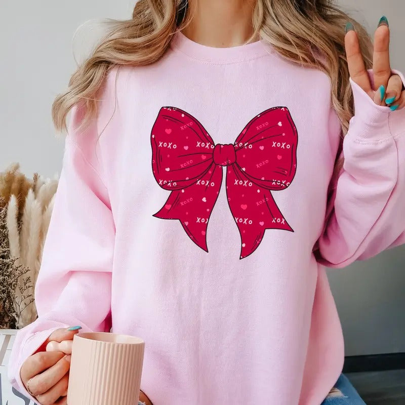 Red Bow XOXO Crewneck Sweatshirt Comfortable Casual Fit Shirt Hoodie | PrintMintTees.com