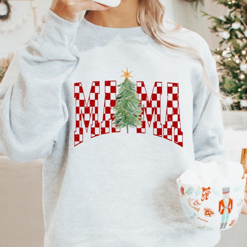 Red Checkered Mama Christmas Tree sweatshirt Winter Graphic Long Sleeve Casual Cotton Polyester Oversized sweatshirt