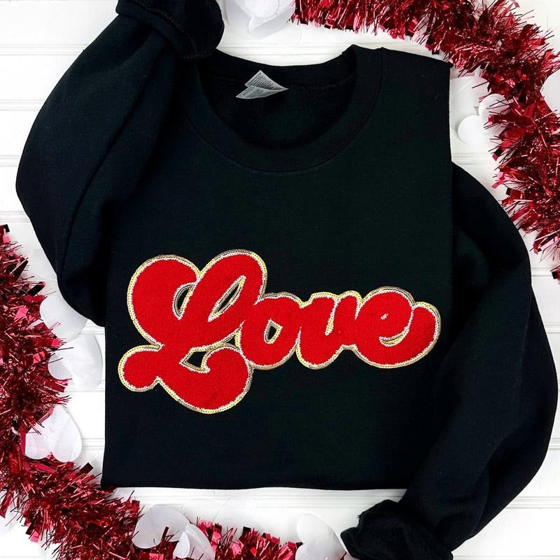Red Chenille LOVE Patch Sweatshirt Shirt Hoodie | PrintMintTees.com