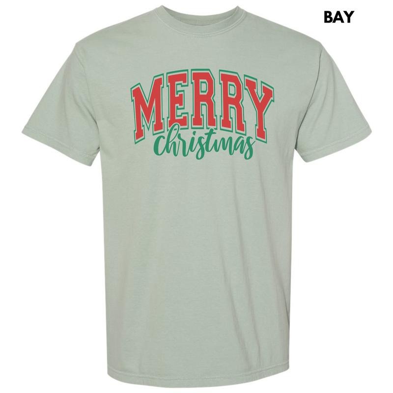 Red Cursive Varsity Merry Christmas Comfort Colors T-Shirt 'NLB' Hoodie, Sweatshirt | PrintMintTees.com