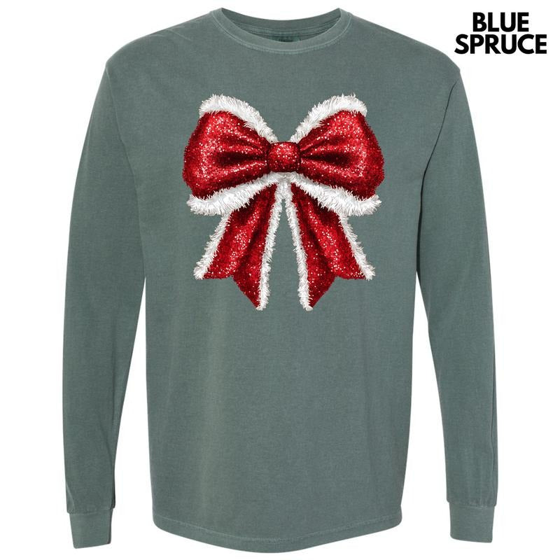 Red FAKE Glitter & Fur Bow Long Sleeve Comfort Colors 'NLB' Shirt Hoodie Sweatshirt