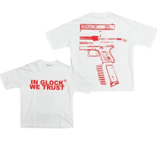 Red Gun T-shirt, In Glock We Trust Streetwear Heavyweight Black Tee Shortsleeve Shirt, Double Sided Shirt, Full Colors,...