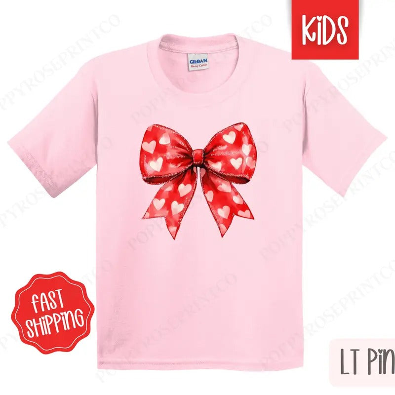 Red Heart Bow Kids Shirt - Valentine's Day Children's Tshirt - Youth Holiday Tee Gildan Hoodie Sweatshirt | PrintMintTees.com
