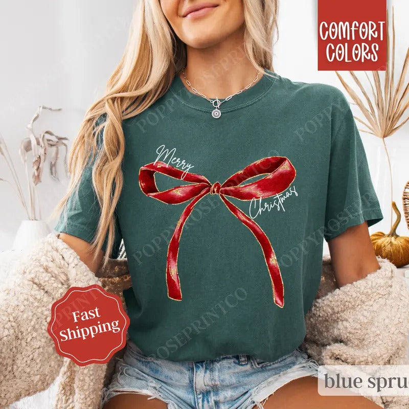 Red Merry Christmas Bow Shirt, Coquette Christmas Bow Tee, Women's Holiday Tshirt Hoodie, Sweatshirt | PrintMintTees.com