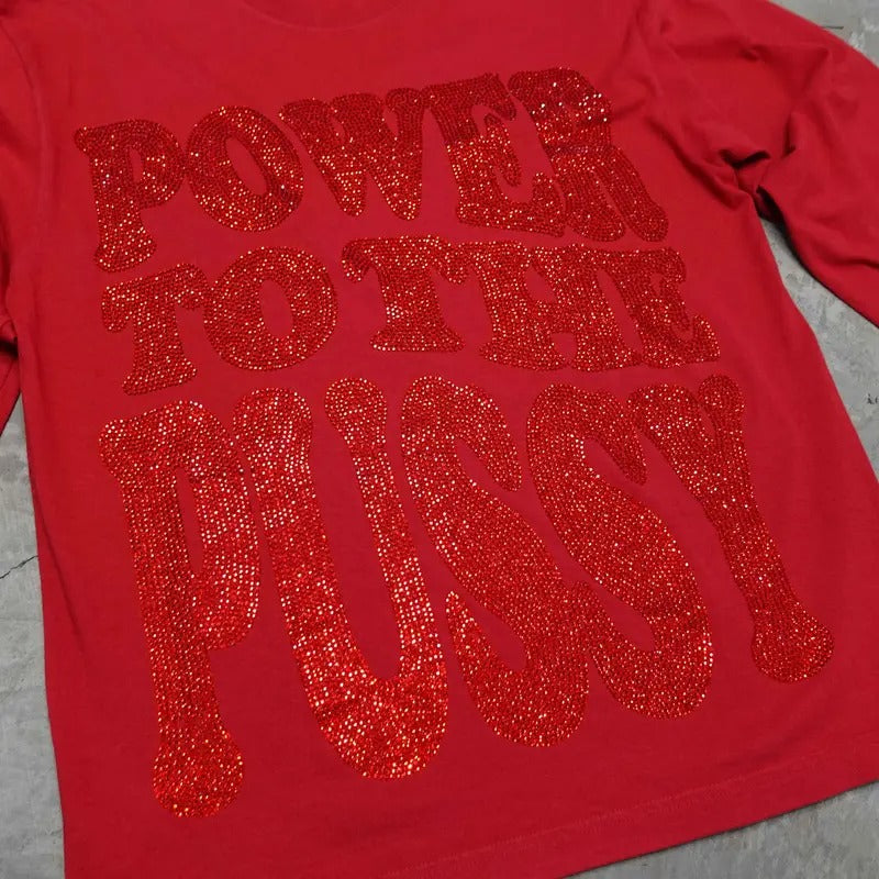 Red Power to the P Rhinestoned Heavy Weight Long Sleeve T-Shirt Hoodie Sweatshirt | PrintMintTees.com