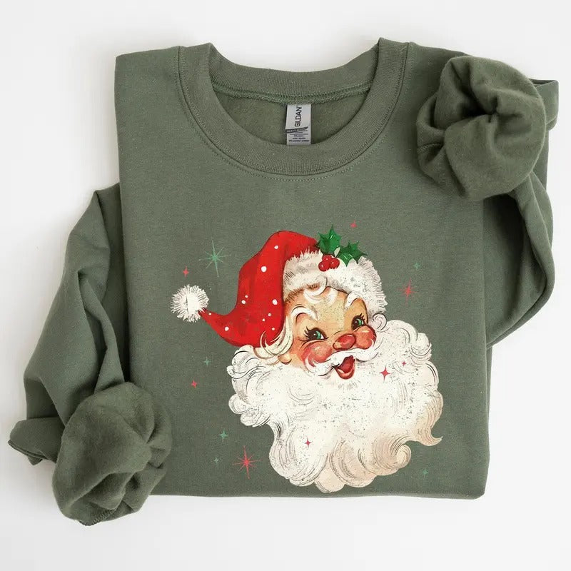 Red Retro Santa Claus, Christmas Vintage Classic, Snow, Xmas Sweatshirt, Women's Crew Neck, Crewneck Shirt Hoodie