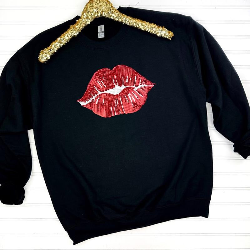 Red Sequin Lips Patch BLACK Shirt Hoodie Sweatshirt