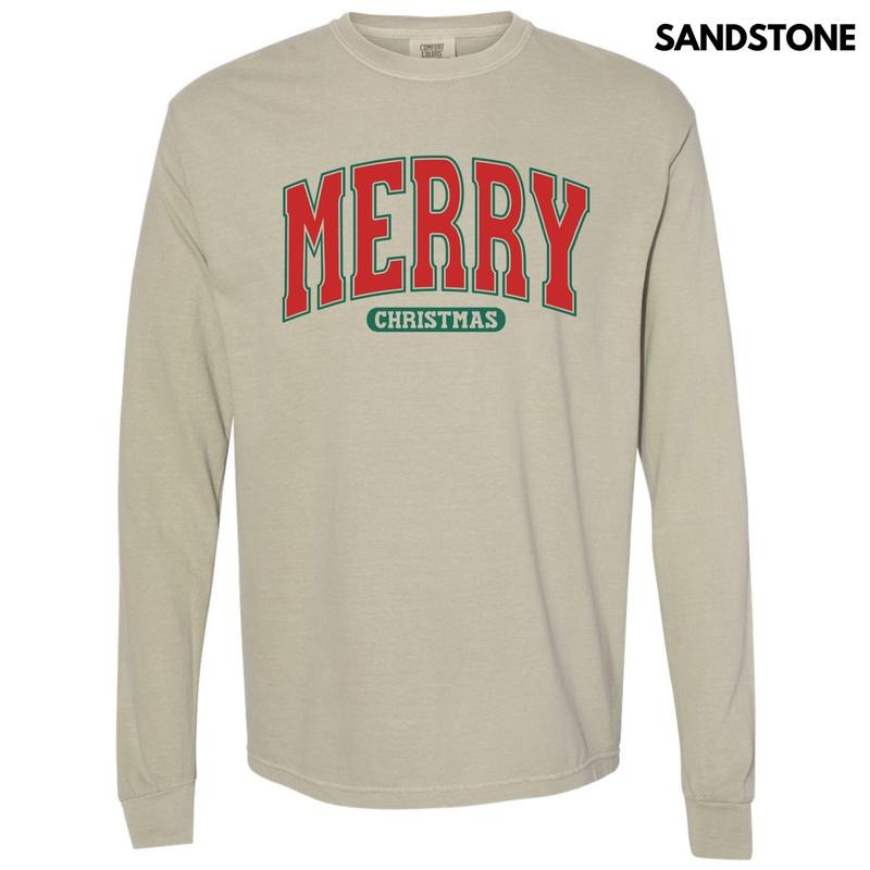 Red Varsity Merry Christmas Long Sleeve Comfort Colors T-Shirt 'NLB' Hoodie Sweatshirt | PrintMintTees.com