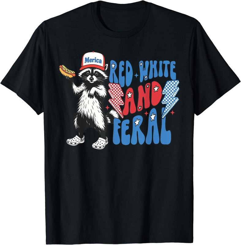 Red White And Feral Funny Raccoon 4th of July Patriotic T-Shirt | Unisex Cotton Tee Gift, Crewneck, Short Sleeve Hoodie...