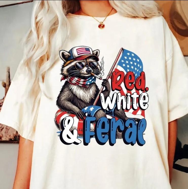 Red White And Feral Funny USA Shirt, Funny Raccoon Shirt Hoodie Sweatshirt | PrintMintTees.com