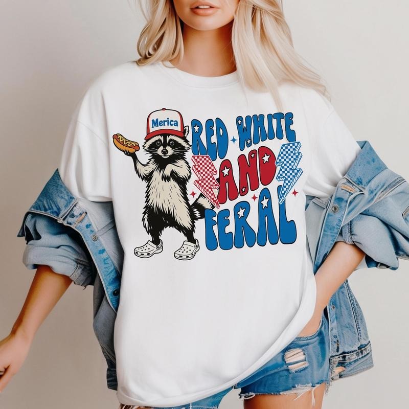Red White And Feral Shirt, Funny Raccoon USA Shirt, 4th Of July Feral Hotdog Raccoon Shirt, Independence Day, Hotdog...