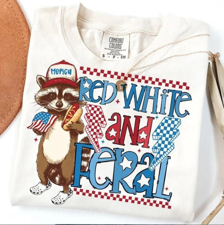 Red White And Feral Tee, Funny Raccoon Shirt Hoodie Sweatshirt | PrintMintTees.com