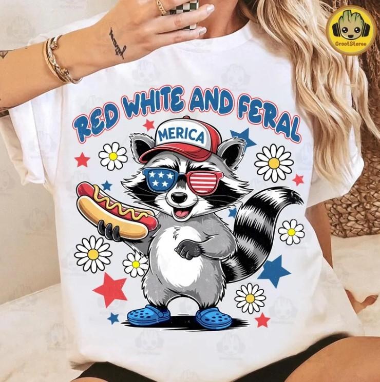 Red White And Feral , 4th Of July shirt Funny Raccoon Hot Dog Hoodie Sweatshirt | PrintMintTees.com